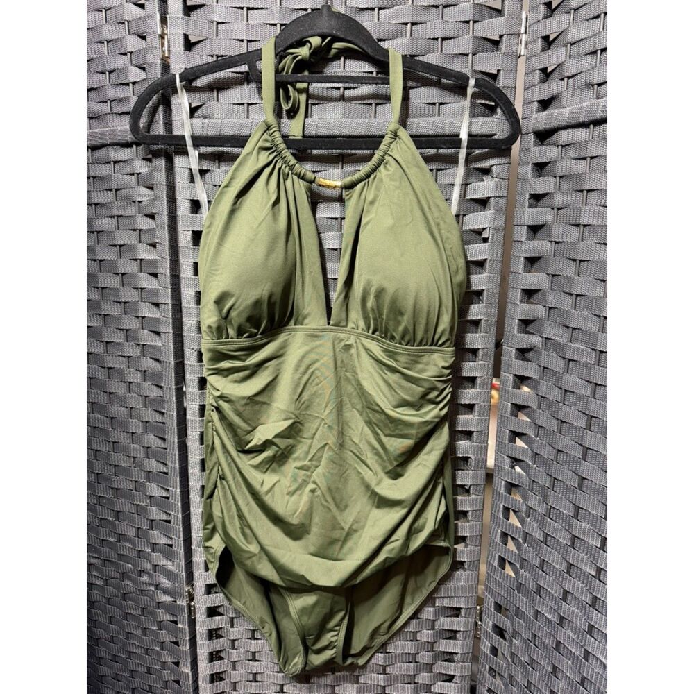 NWT Lauren Ralph Lauren One Piece Swimsuit 14 Olive Green Halter Ruched $145